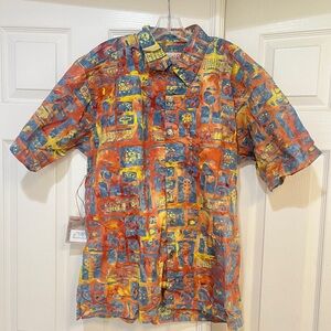Santiki Hawaiian Men's Large Novelty Print Brown Short Sleeve Shirts Resort wear